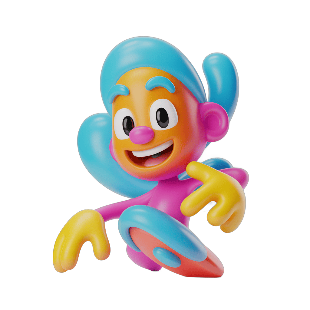 Colorful cartoon monkey toy character running with arms outstretched PNG - transparent background