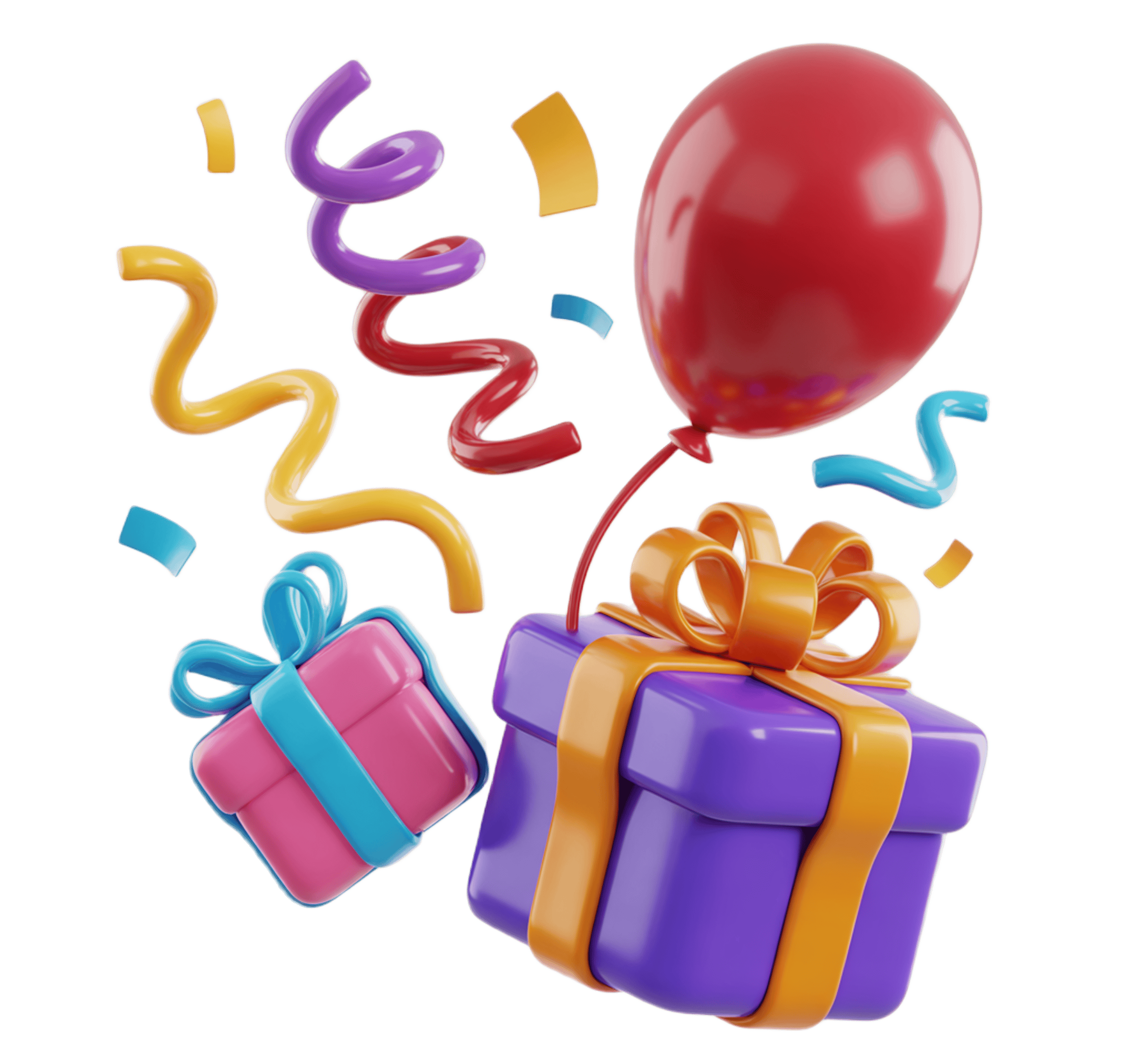 Colorful celebration gift box with balloons and confetti for birthday party decoration PNG - transparent background