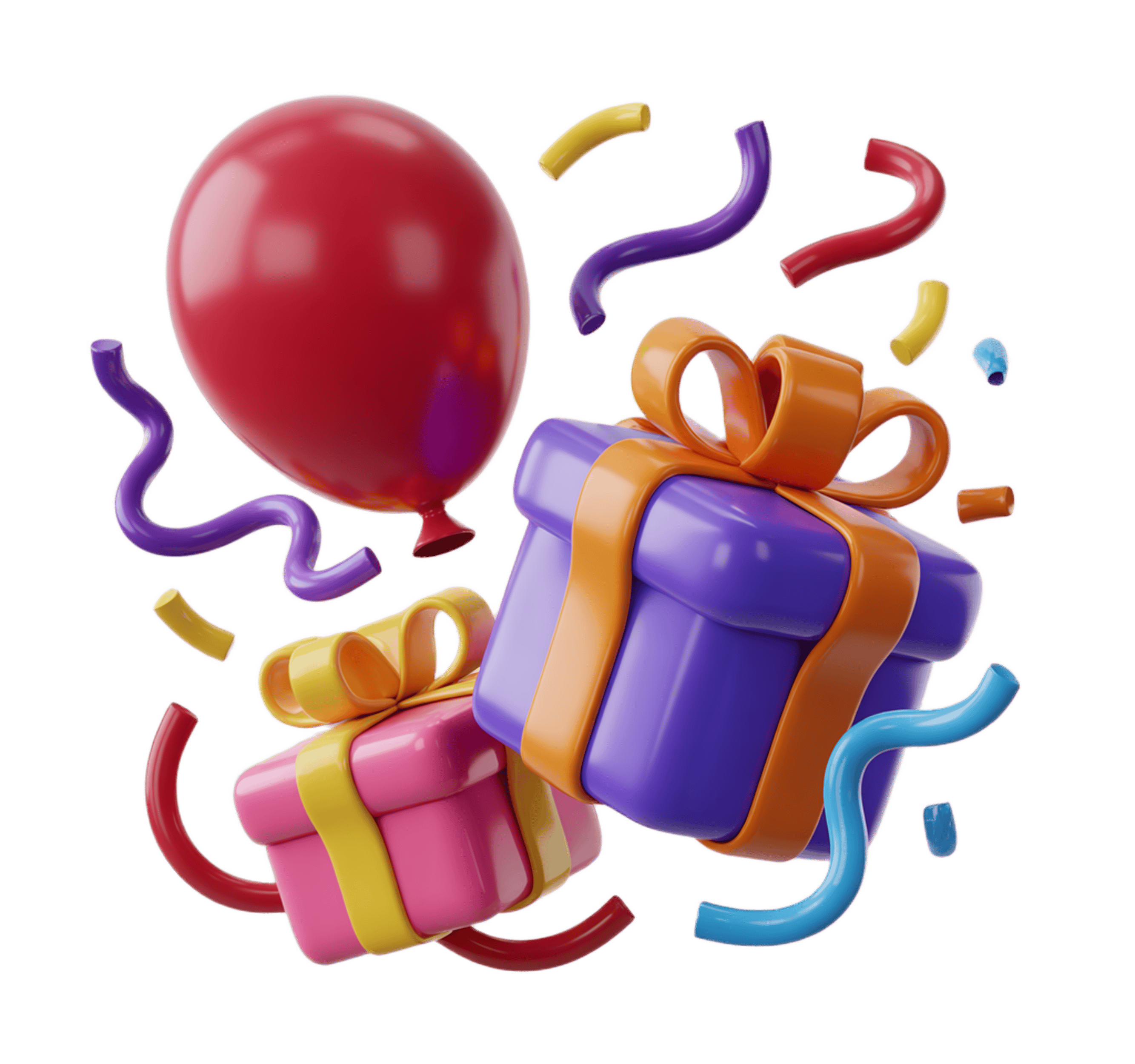 Colorful celebration gift box with balloons and confetti for party decorations and event invitations PNG - transparent background