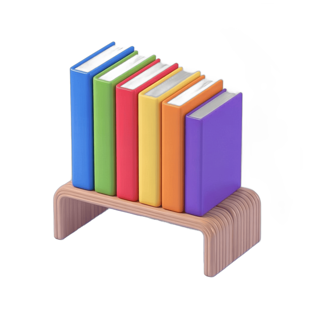 Colorful children's books neatly stacked on a small wooden shelf clipart illustration PNG - transparent background