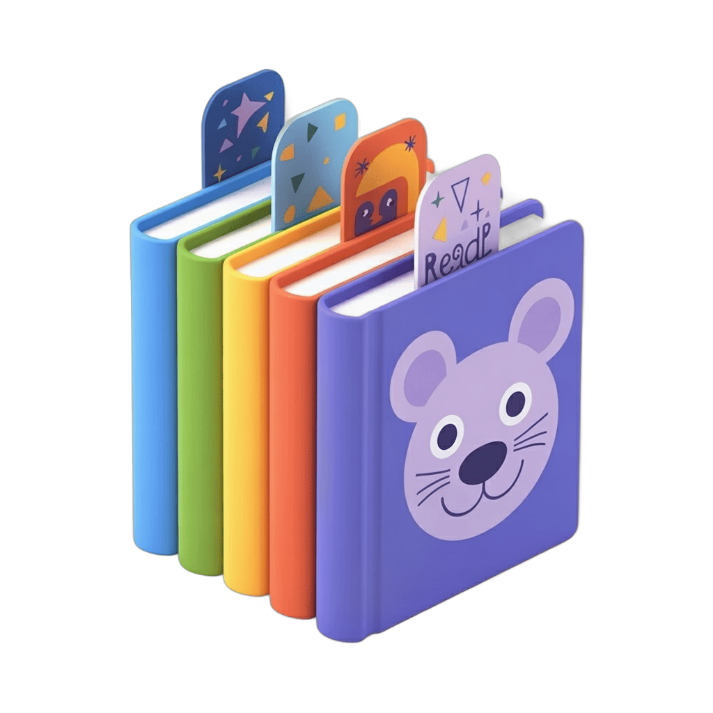 Colorful children's books stack with animal face and starry bookmark for educational kids content PNG - transparent background