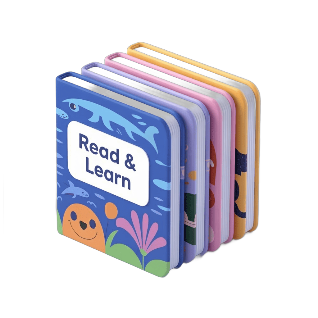 Colorful children's read and learn book stack with educational clipart for toddler activities PNG - transparent background