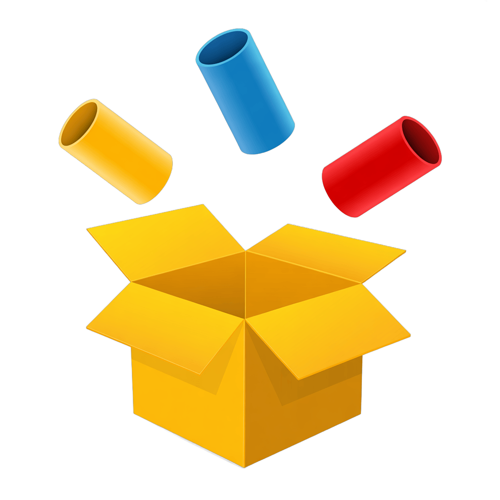 Colorful cylindrical tubes emerging from open yellow box in 3d cartoon style PNG - transparent background