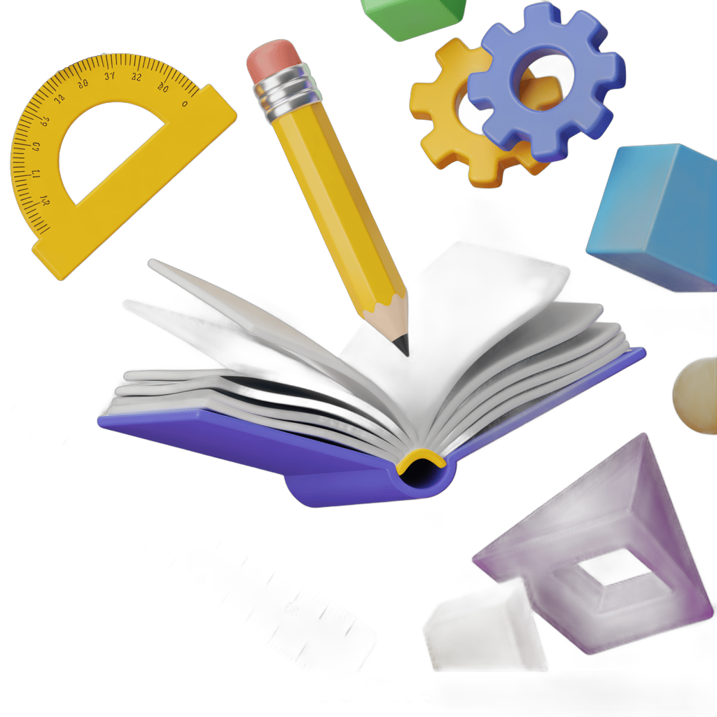 Colorful educational clipart with book pencil protractor and gears for school projects PNG - transparent background