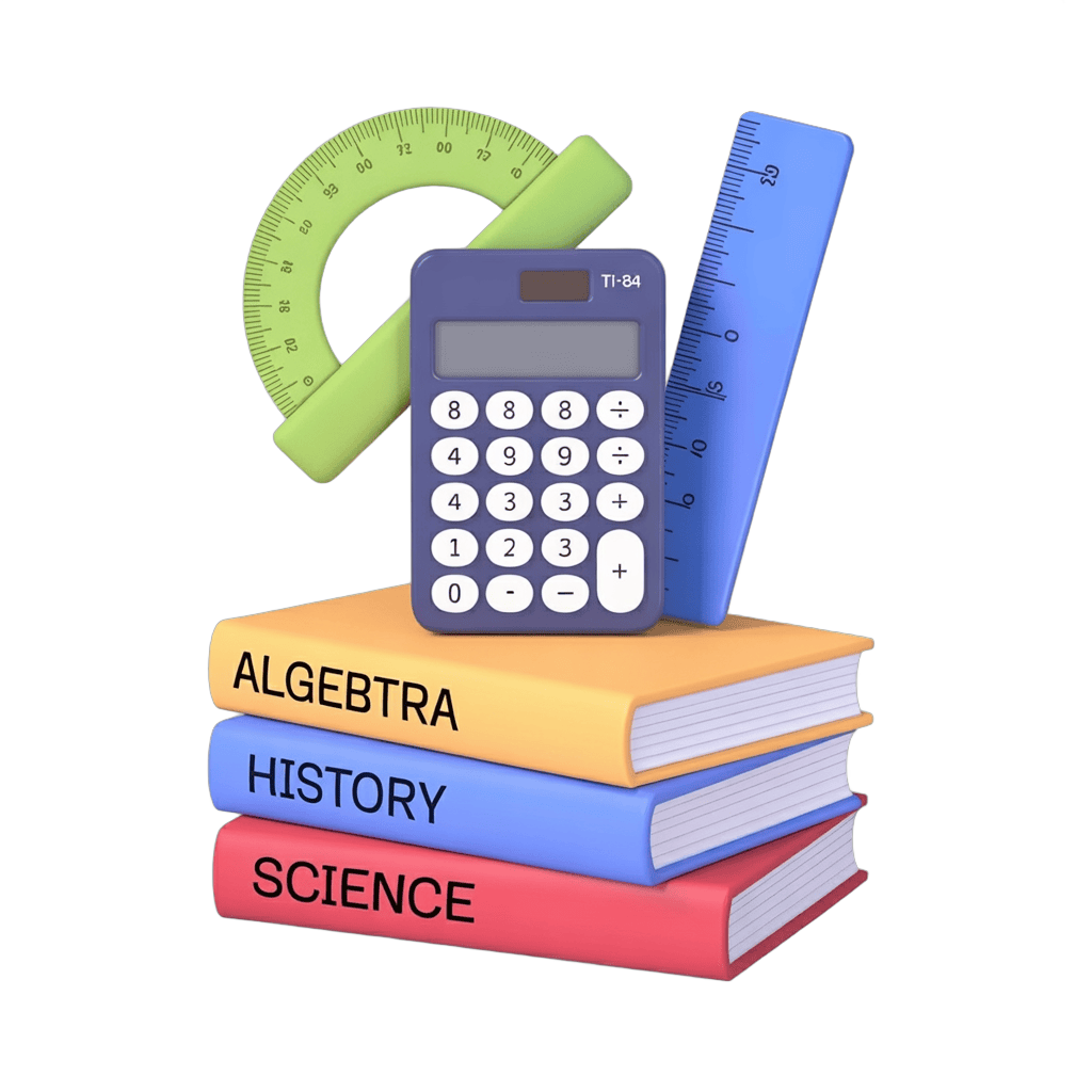Colorful educational tools including calculator protractor and books for school learning materials PNG - transparent background