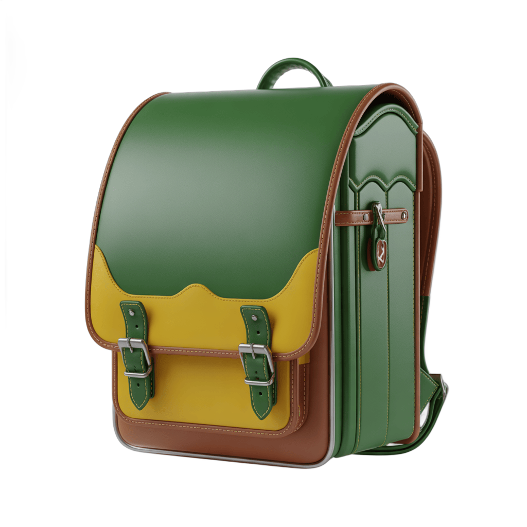 Colorful school backpack clipart with green yellow brown leather straps for educational graphics PNG - transparent background