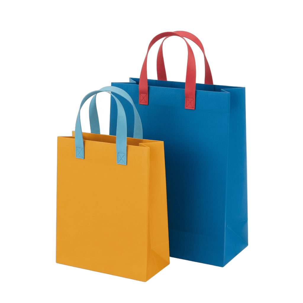 Colorful shopping bags with handles for online store packaging and branding materials PNG - transparent background