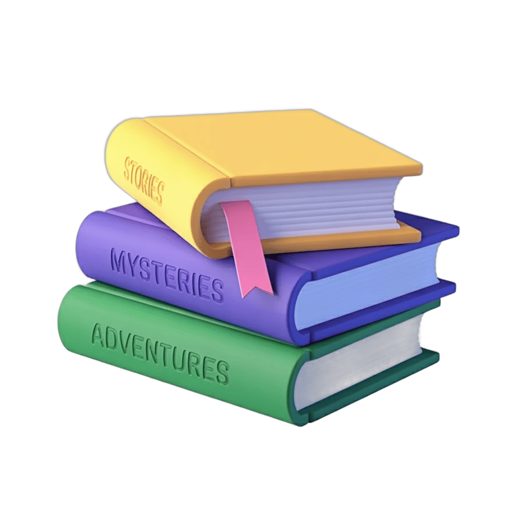 Colorful stack of books labeled stories mysteries adventures for children educational materials PNG - transparent background