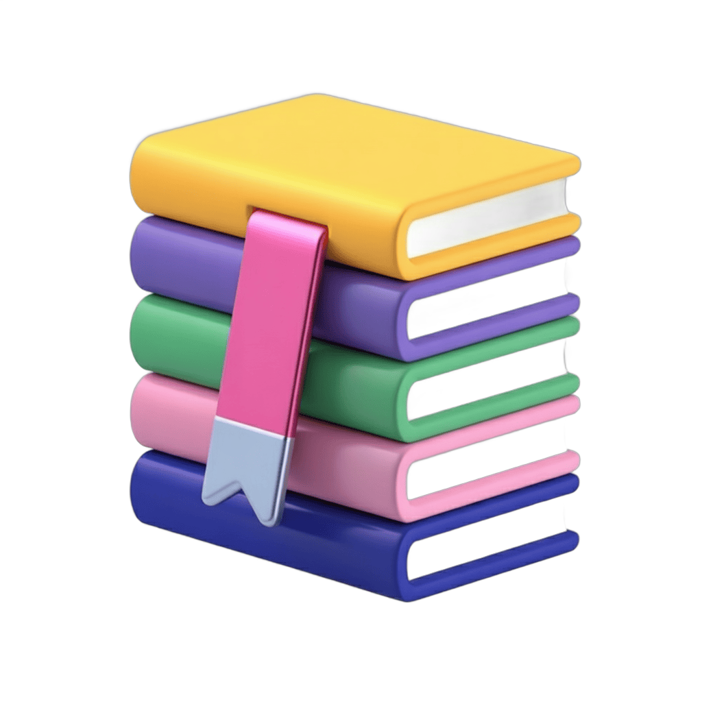 Colorful stack of books with pink bookmark isolated clipart for education and reading materials PNG - transparent background