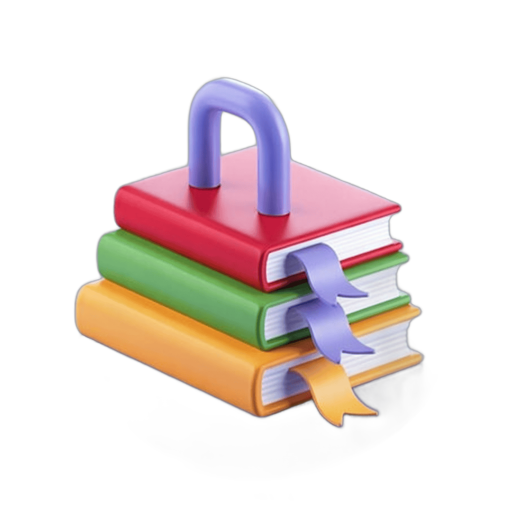 Colorful stack of books with purple ribbon and padlock clipart for education and security concepts PNG - transparent background