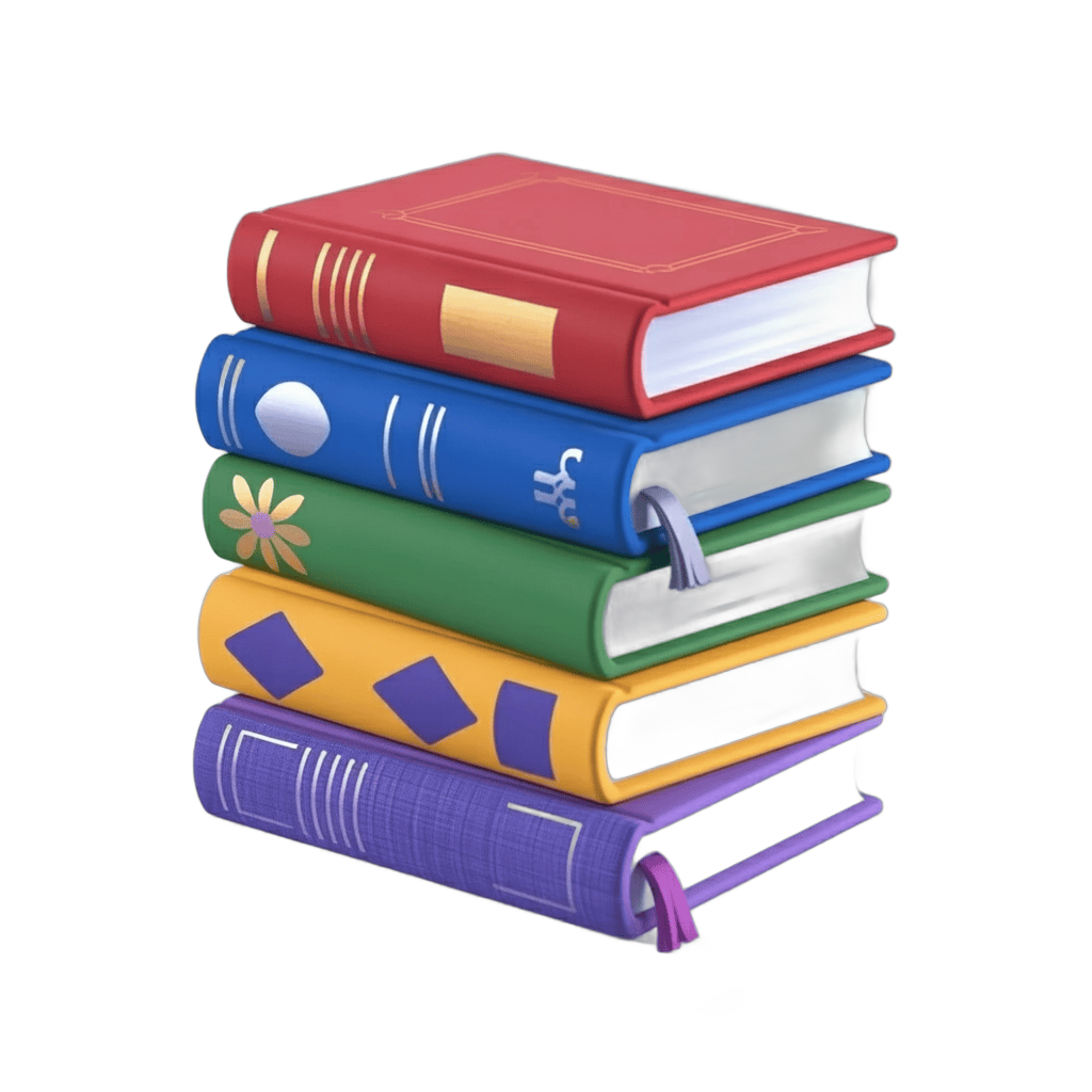Colorful stack of five hardcover books isolated on transparent background for education marketing PNG - transparent background