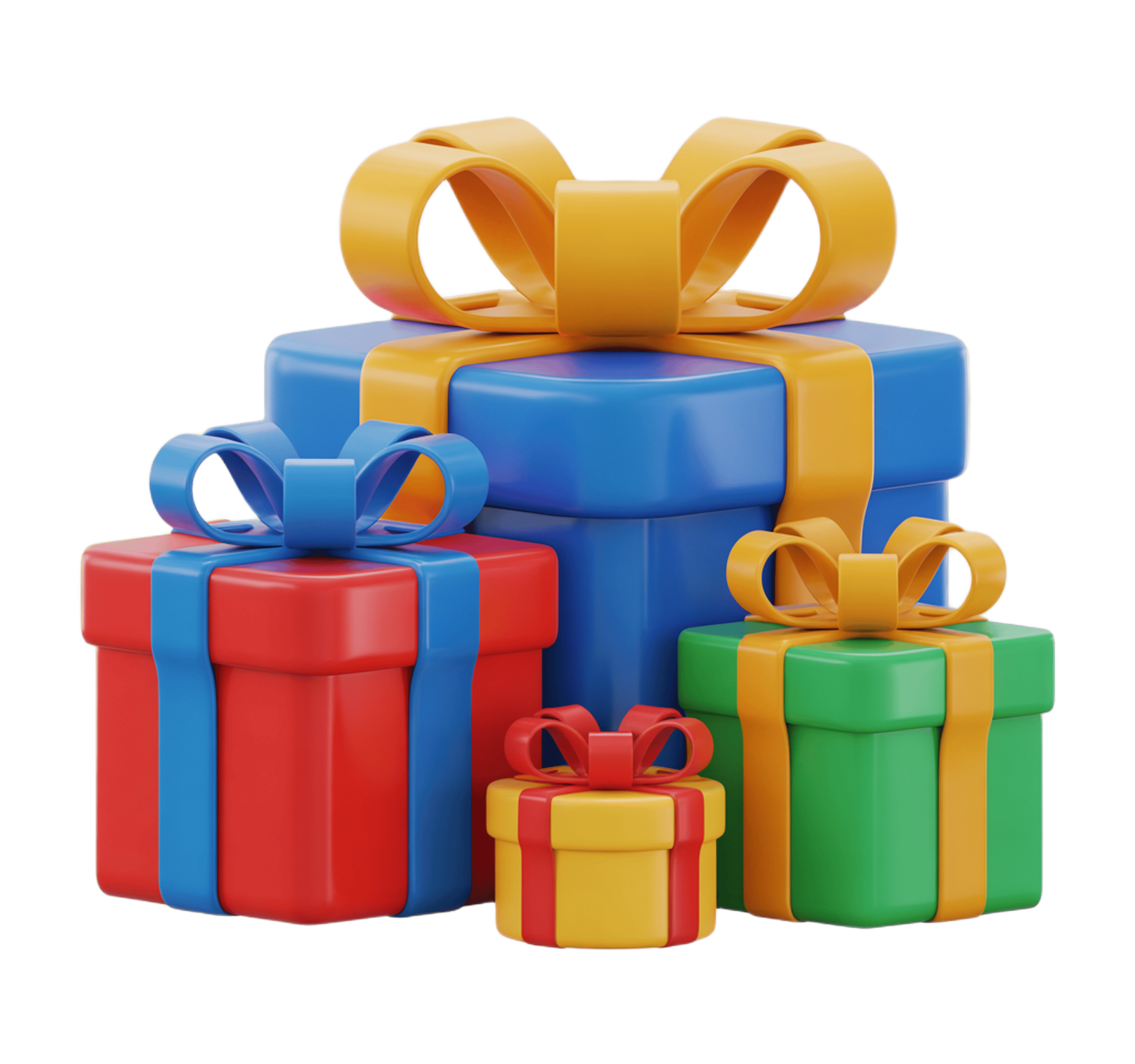 Colorful stack of gift boxes with ribbons for holiday presents and promotions PNG - transparent background