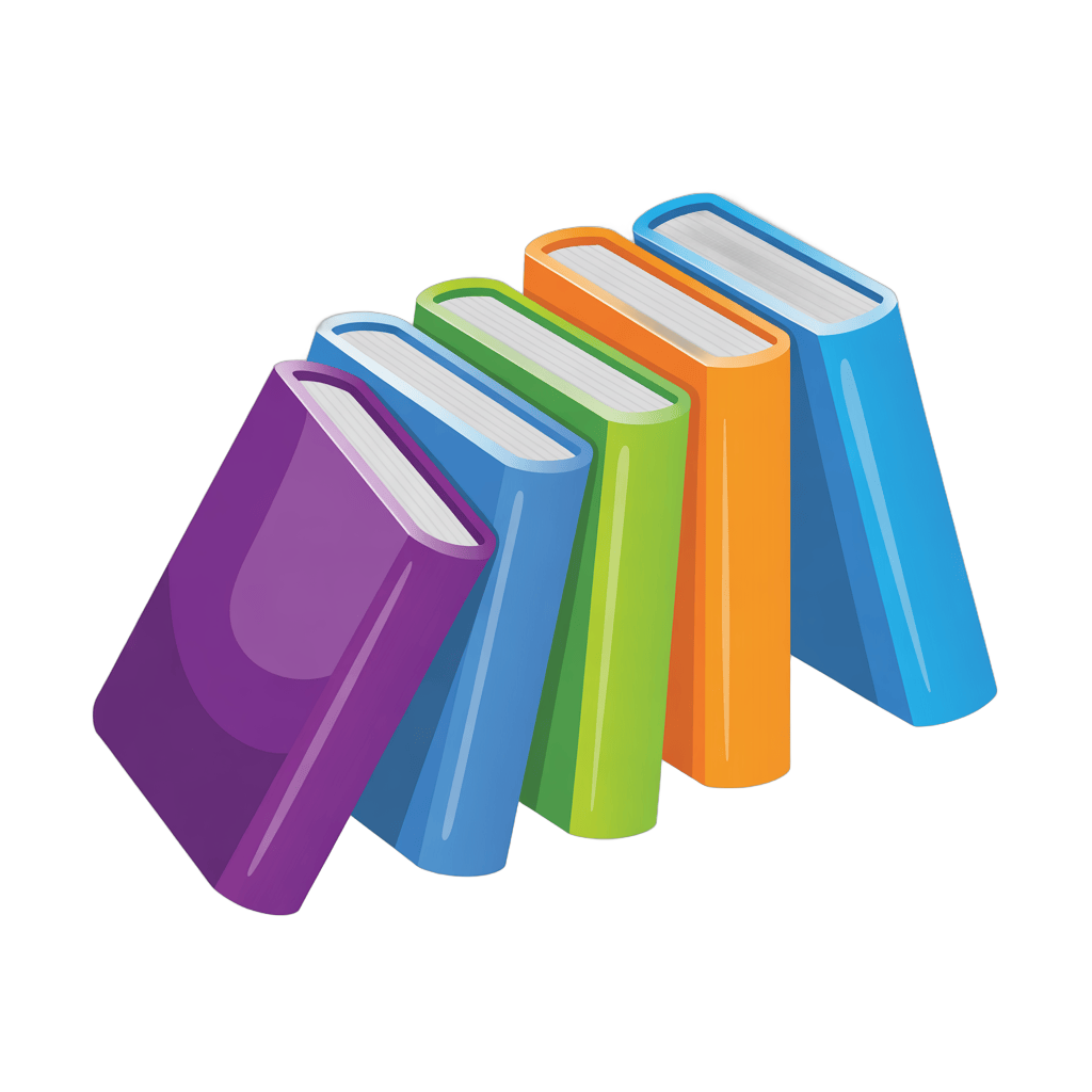 Colorful stack of six glossy books isolated clipart for education and publishing design projects PNG - transparent background