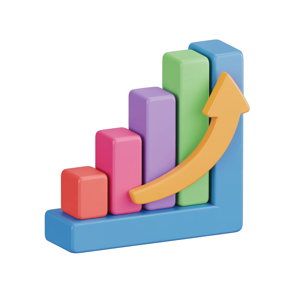 Colorful upward growth bar chart with arrow graphic element for business presentations and reports PNG - transparent background