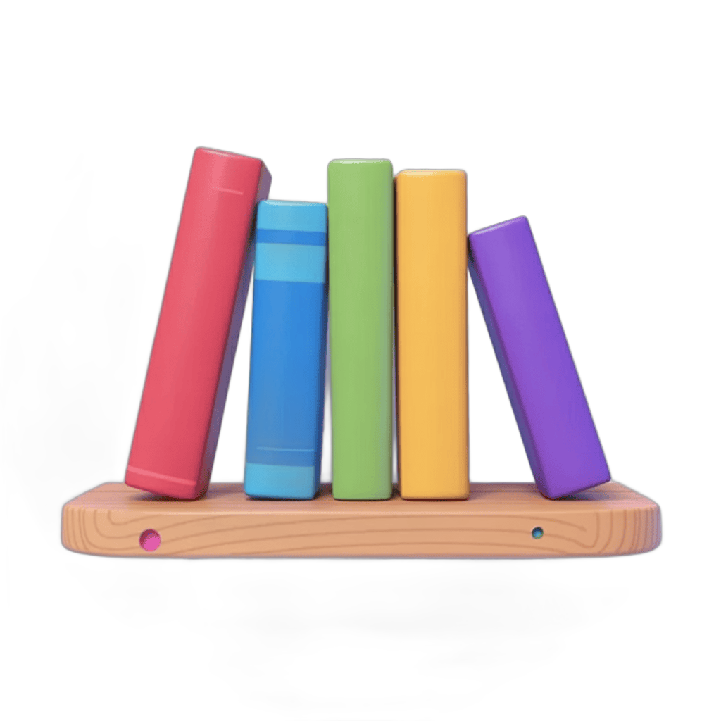 Colorful wooden bookshelf clipart with five books for educational and creative projects PNG - transparent background