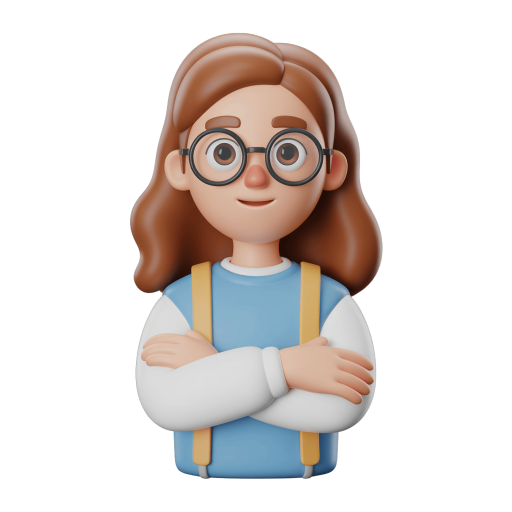 Confident cartoon girl with glasses and suspenders posing for educational or professional clipart PNG - transparent background