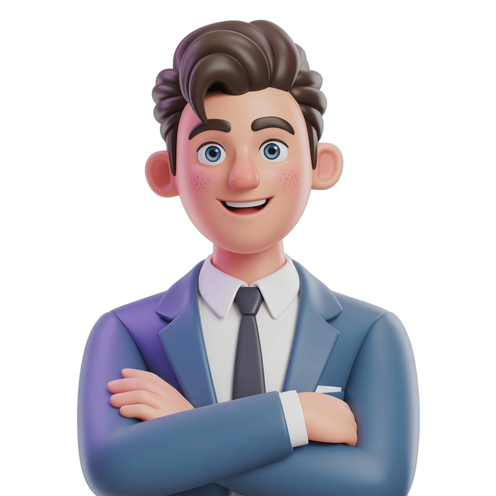 Confident professional cartoon businessman smiling with arms crossed for presentations and corporate graphics PNG - transparent background