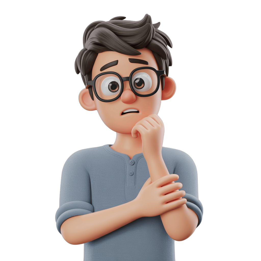 Confused young man with glasses touching chin isolated clipart graphic element for presentations PNG - transparent background