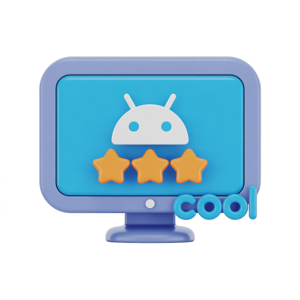 Cool rating badge with android robot icon on computer screen for app approval illustration PNG - transparent background