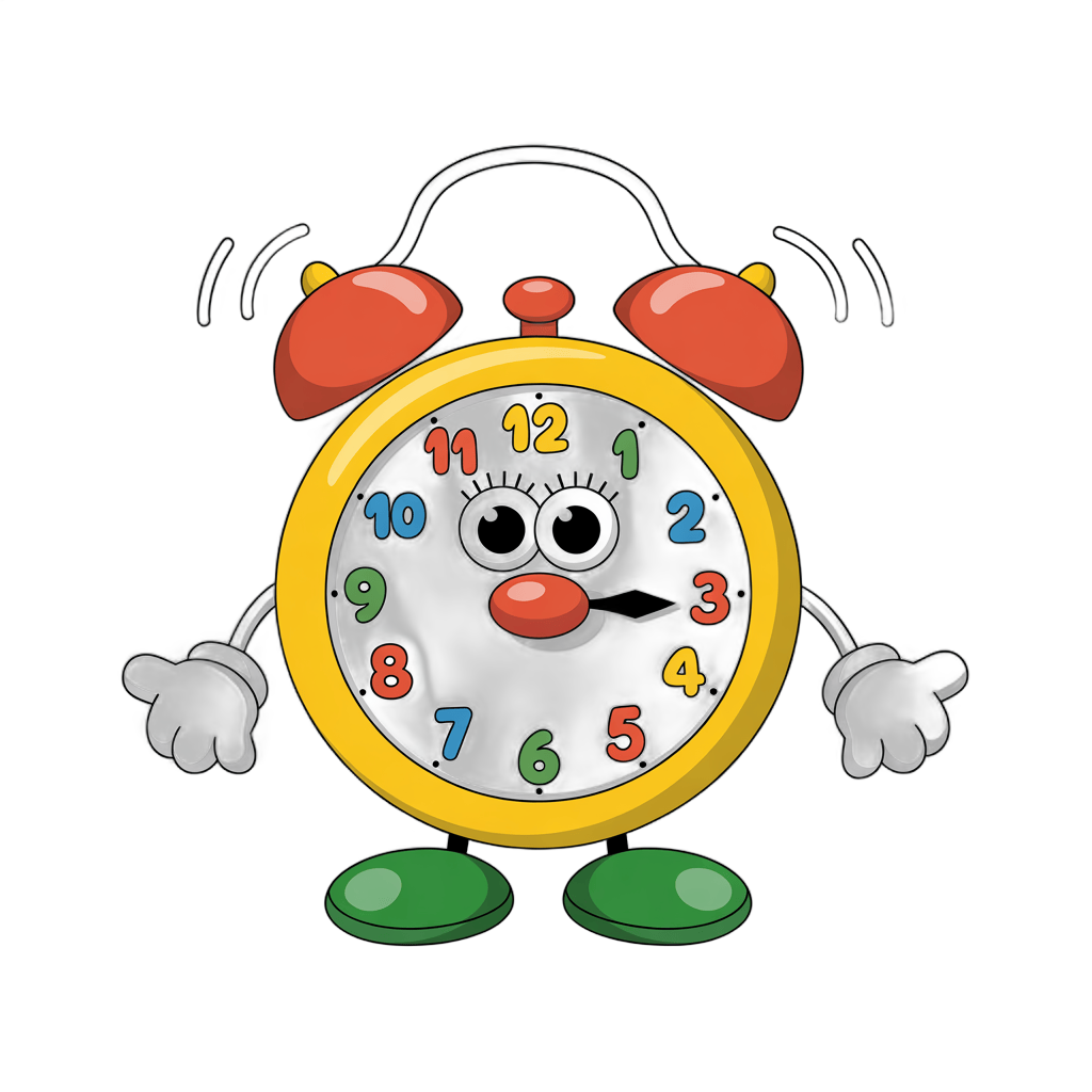 Cute cartoon alarm clock character with arms legs and face for educational materials and kids content PNG - transparent background