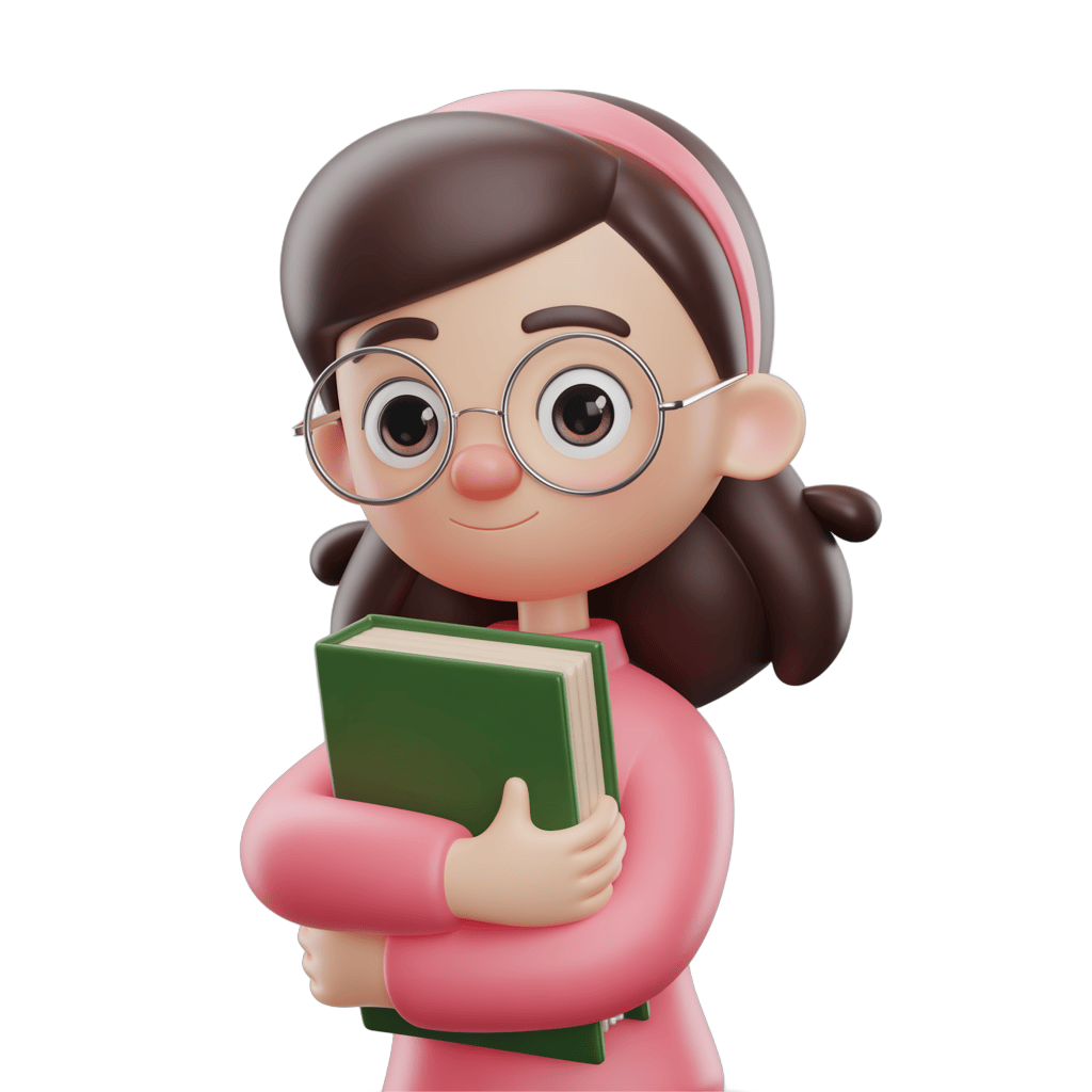 Cute cartoon girl with glasses holding green book for educational and children content PNG - transparent background
