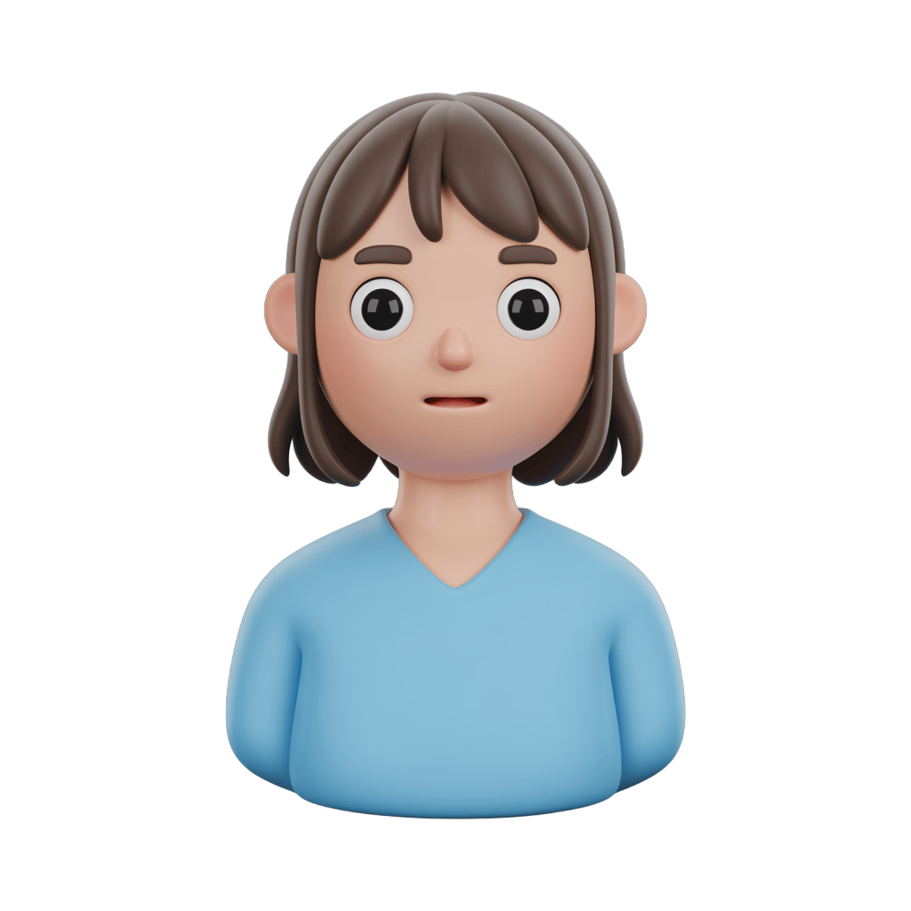 Cute cartoon girl with short brown hair in light blue shirt for children illustrations and app icons PNG - transparent background