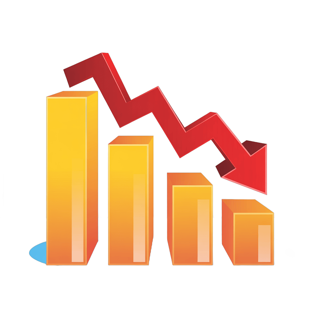 Declining sales performance bar chart with downward arrow graphic element for business reports PNG - transparent background