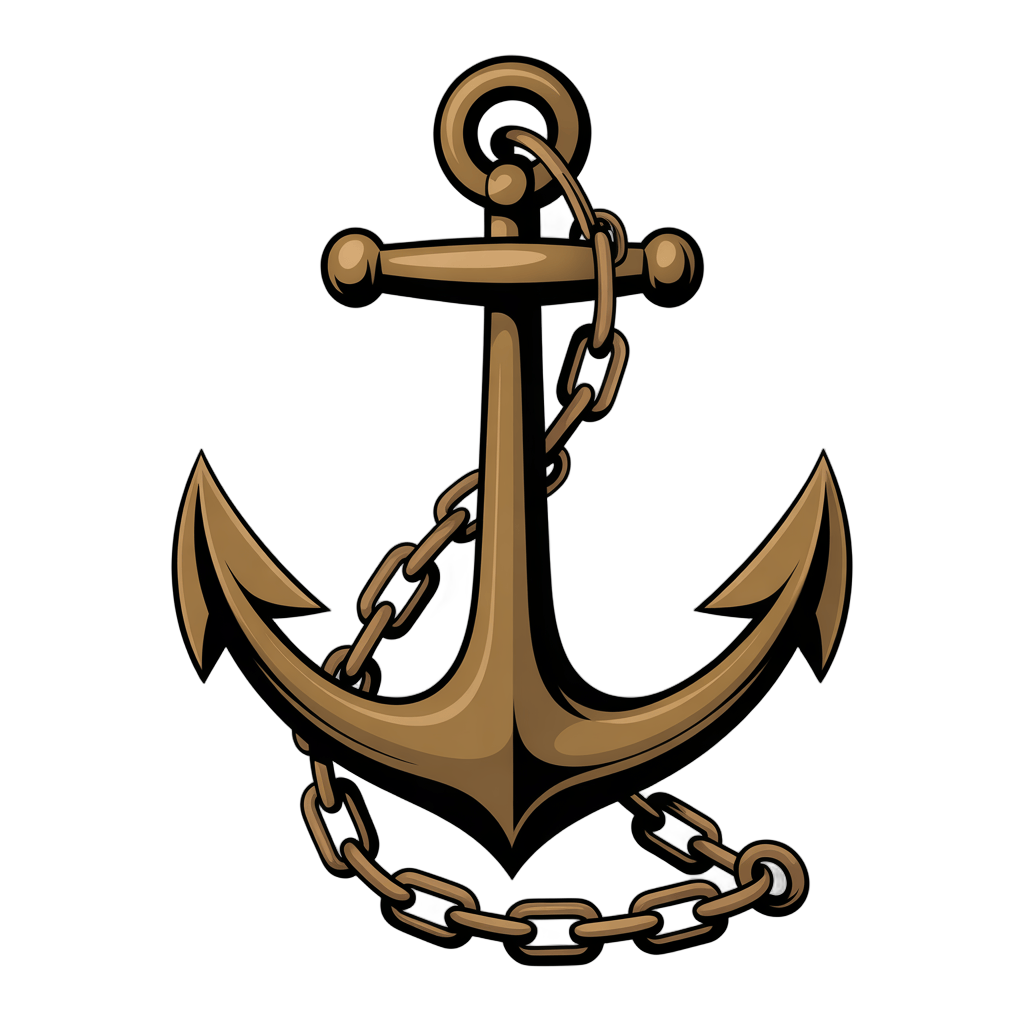 Detailed 3d cartoon anchor graphic element with chain for nautical themes and maritime branding PNG - transparent background