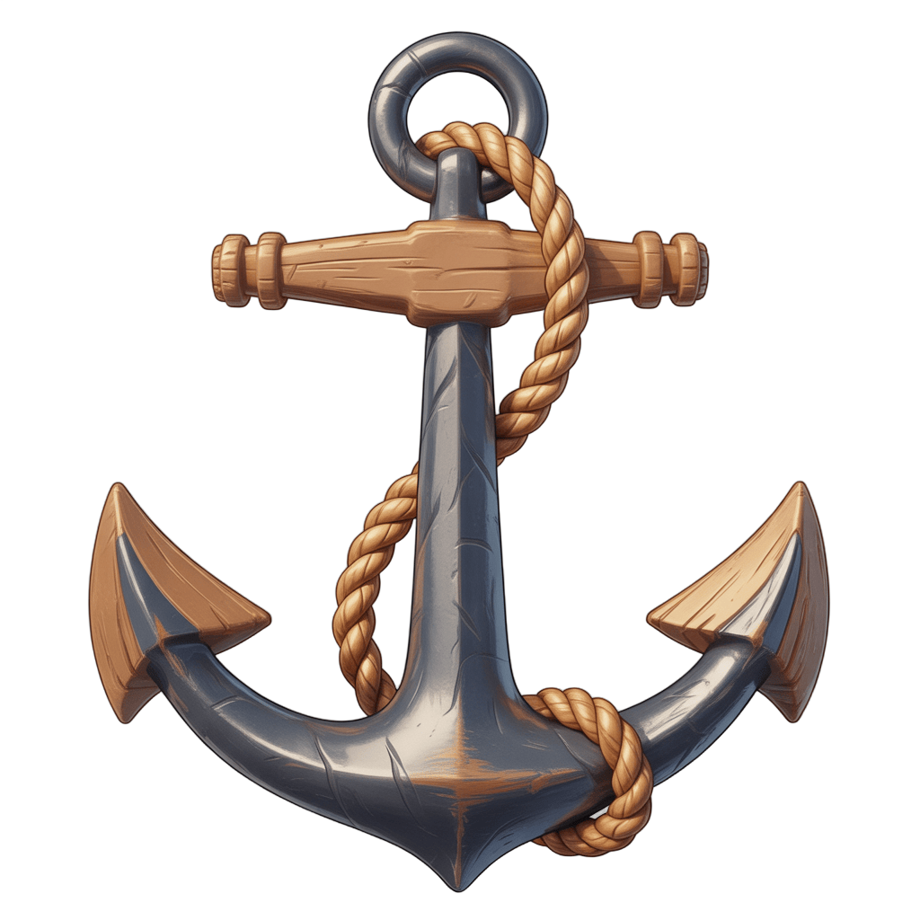 Detailed 3d cartoon anchor graphic element with rope for nautical themes and maritime branding PNG - transparent background