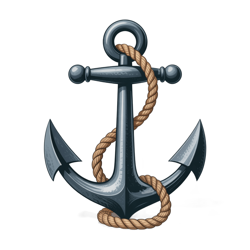 Detailed 3d cartoon anchor graphic element with rope for nautical logos and maritime branding PNG - transparent background