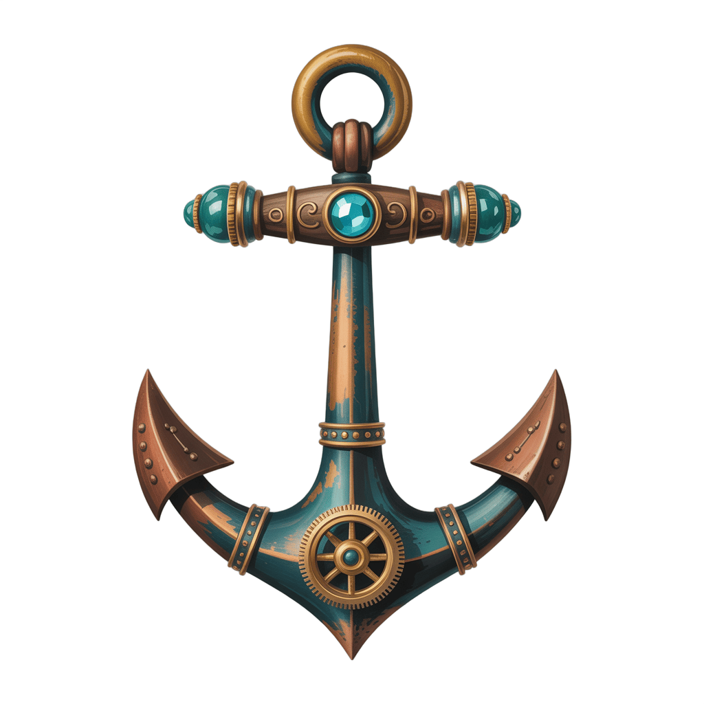 Detailed 3d cartoon anchor graphic element with steampunk gears for nautical themes and vintage illustrations PNG - transparent background