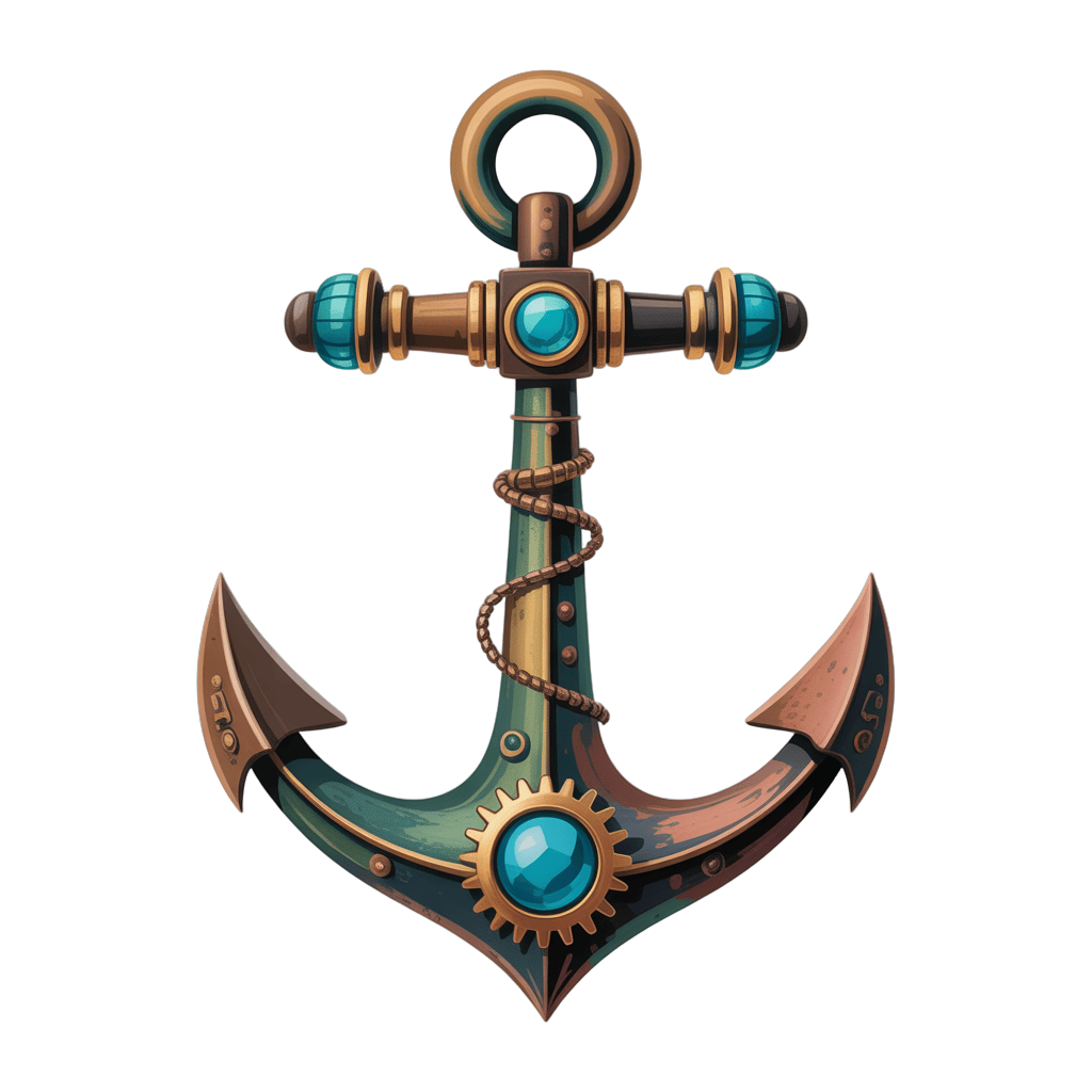 Detailed 3d cartoon anchor illustration with turquoise gemstones for nautical themes and vintage decor PNG - transparent background