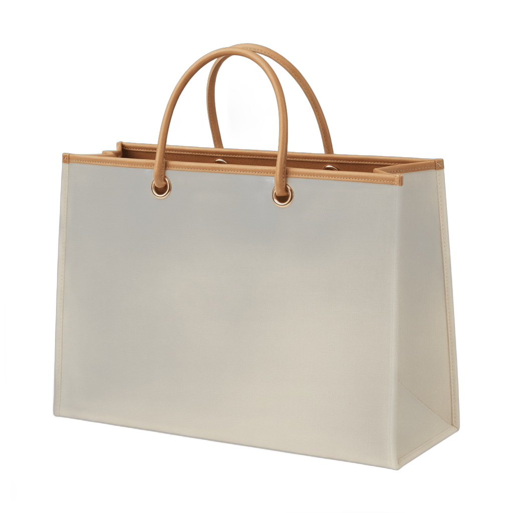 Elegant beige tote shopping bag with wooden handles for luxury retail branding and gift packaging PNG - transparent background
