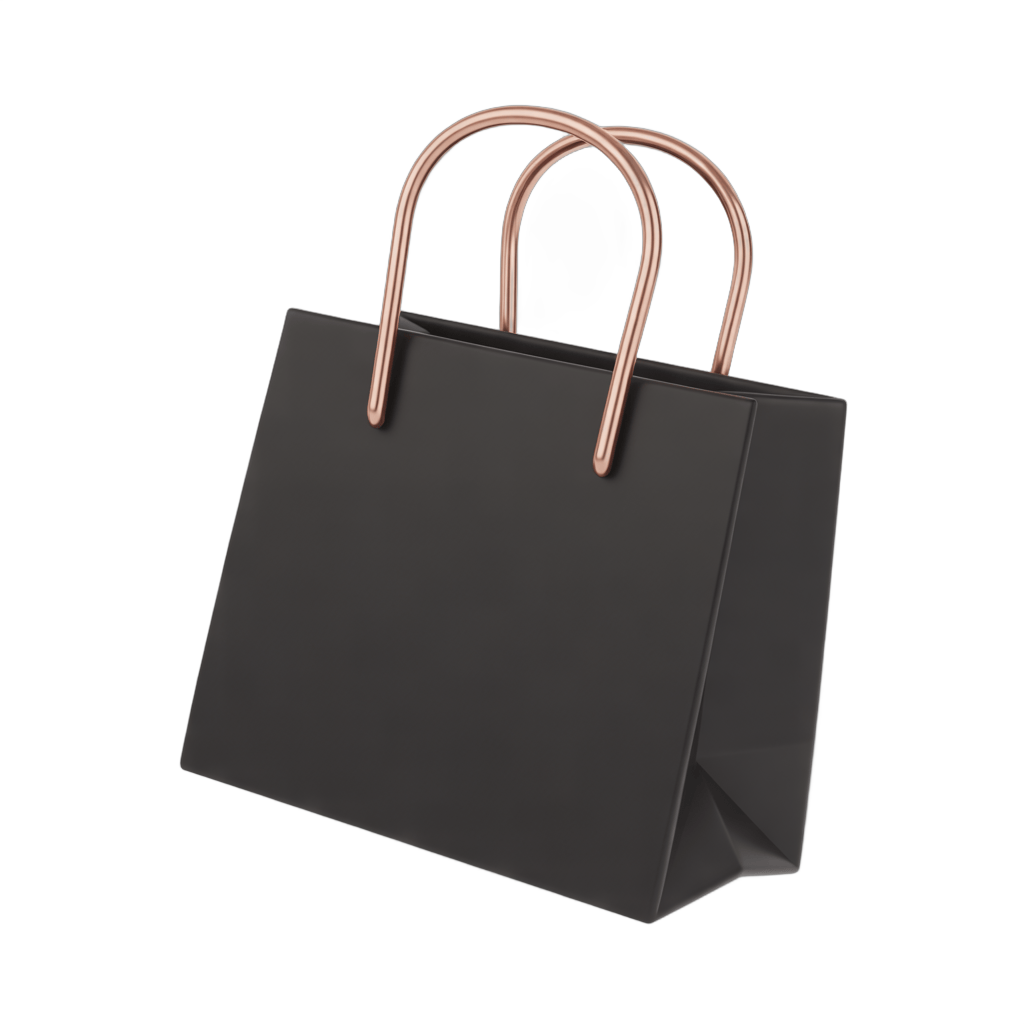 Elegant black shopping bag with copper handles isolated clipart for product packaging and branding designs PNG - transparent background