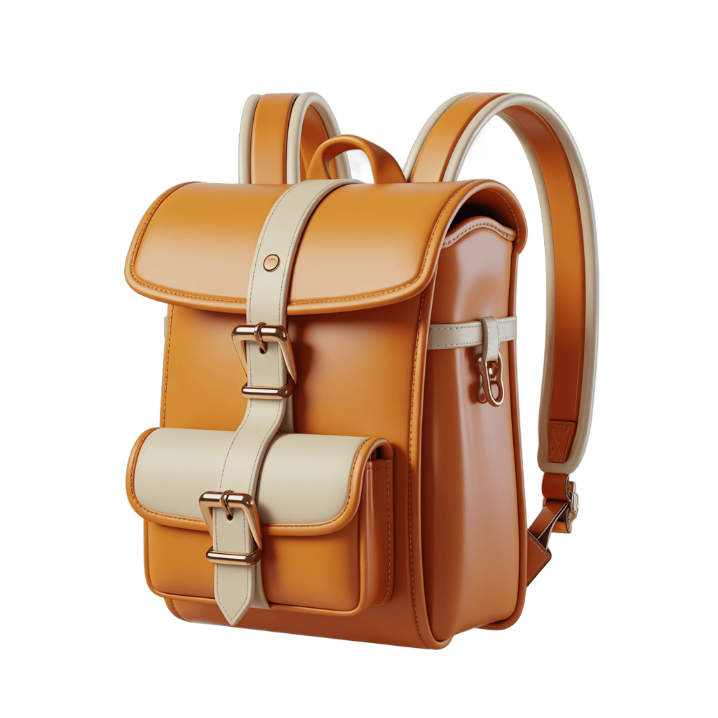 Elegant brown leather backpack with tan accents isolated on transparent background for digital design PNG - transparent background