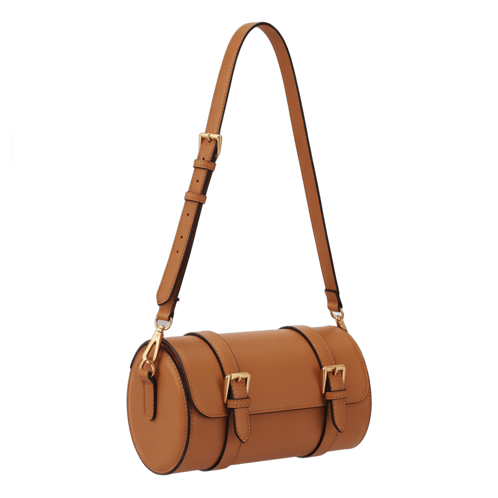 Elegant tan leather crossbody bag with buckle closure for professional women daily use PNG - transparent background
