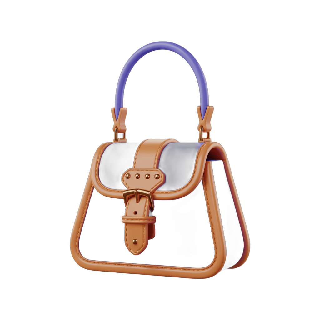 Elegant tan leather handbag with purple strap isolated clipart for fashion design and branding PNG - transparent background
