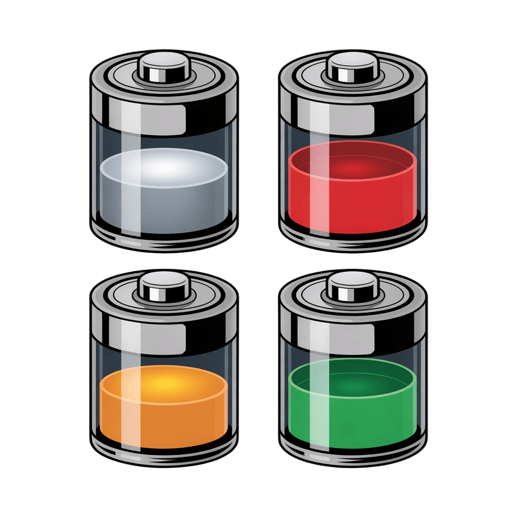 Four color-coded battery level indicators for energy status infographics and app icons PNG - transparent background