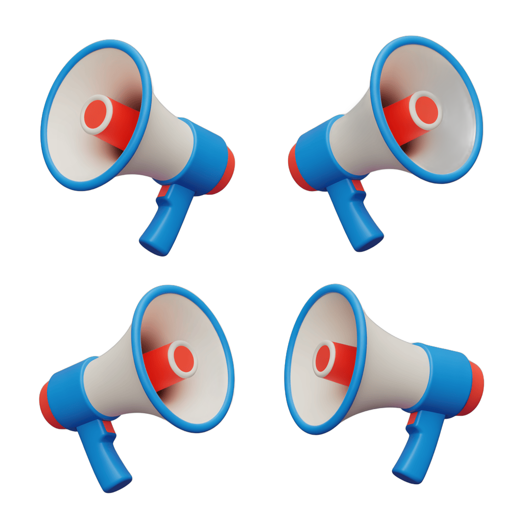 Four colorful megaphones isolated clipart for presentations and announcements PNG - transparent background