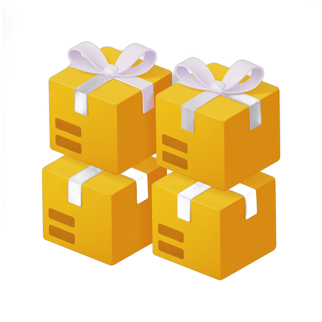 Four yellow gift boxes with ribbons stacked for holiday presents and celebrations PNG - transparent background