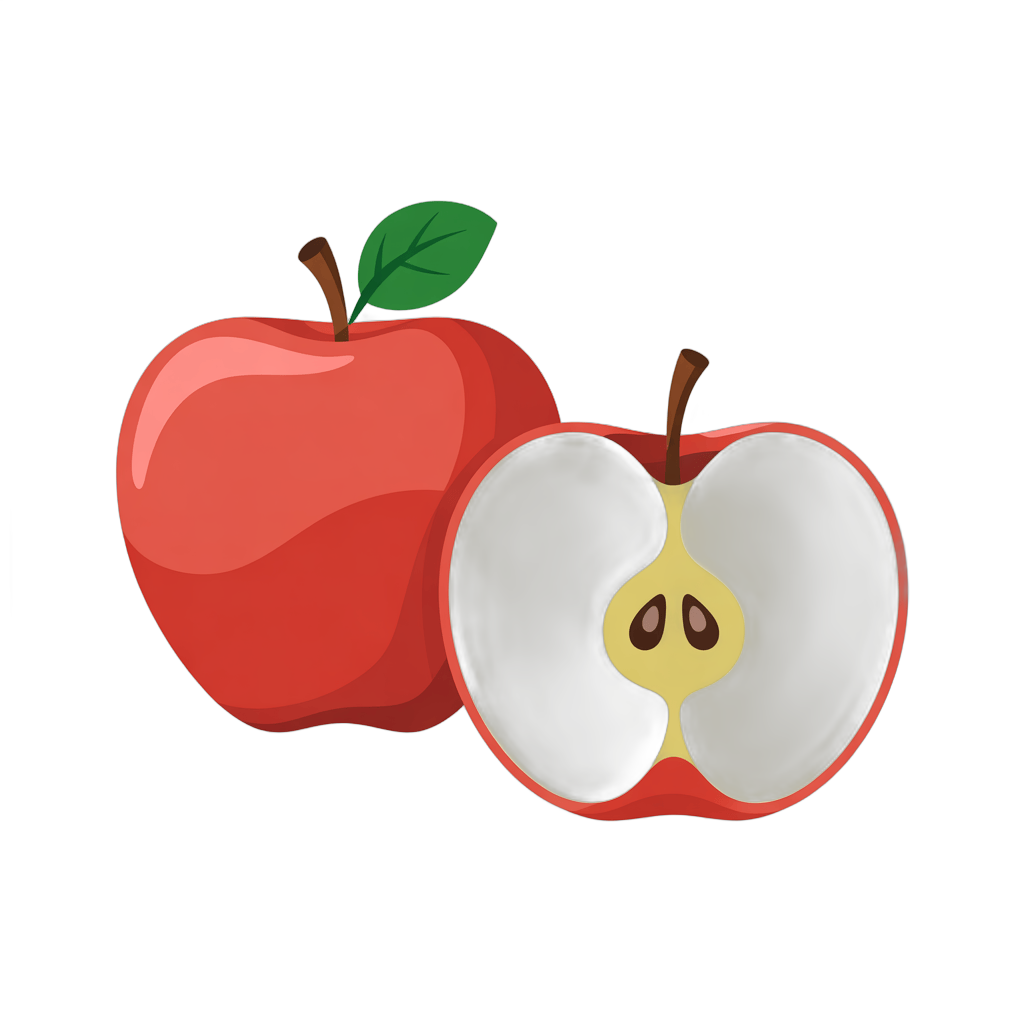 Fresh red apple cut in half with core showing natural interior for healthy food graphics PNG - transparent background