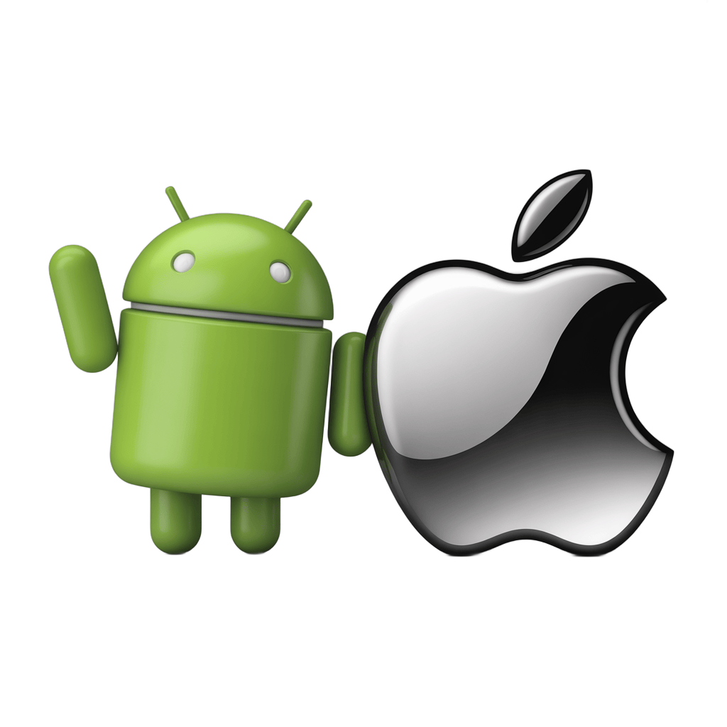 Friendly android robot holding apple logo isolated transparent background clipart graphic element PNG - transparent background