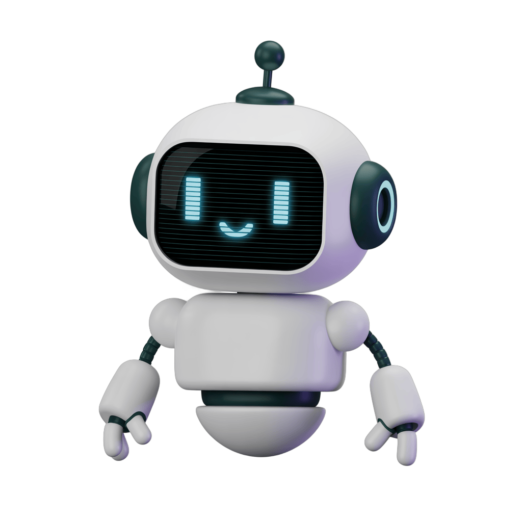 Friendly cartoon robot character with glowing eyes and smile for digital illustrations and branding PNG - transparent background