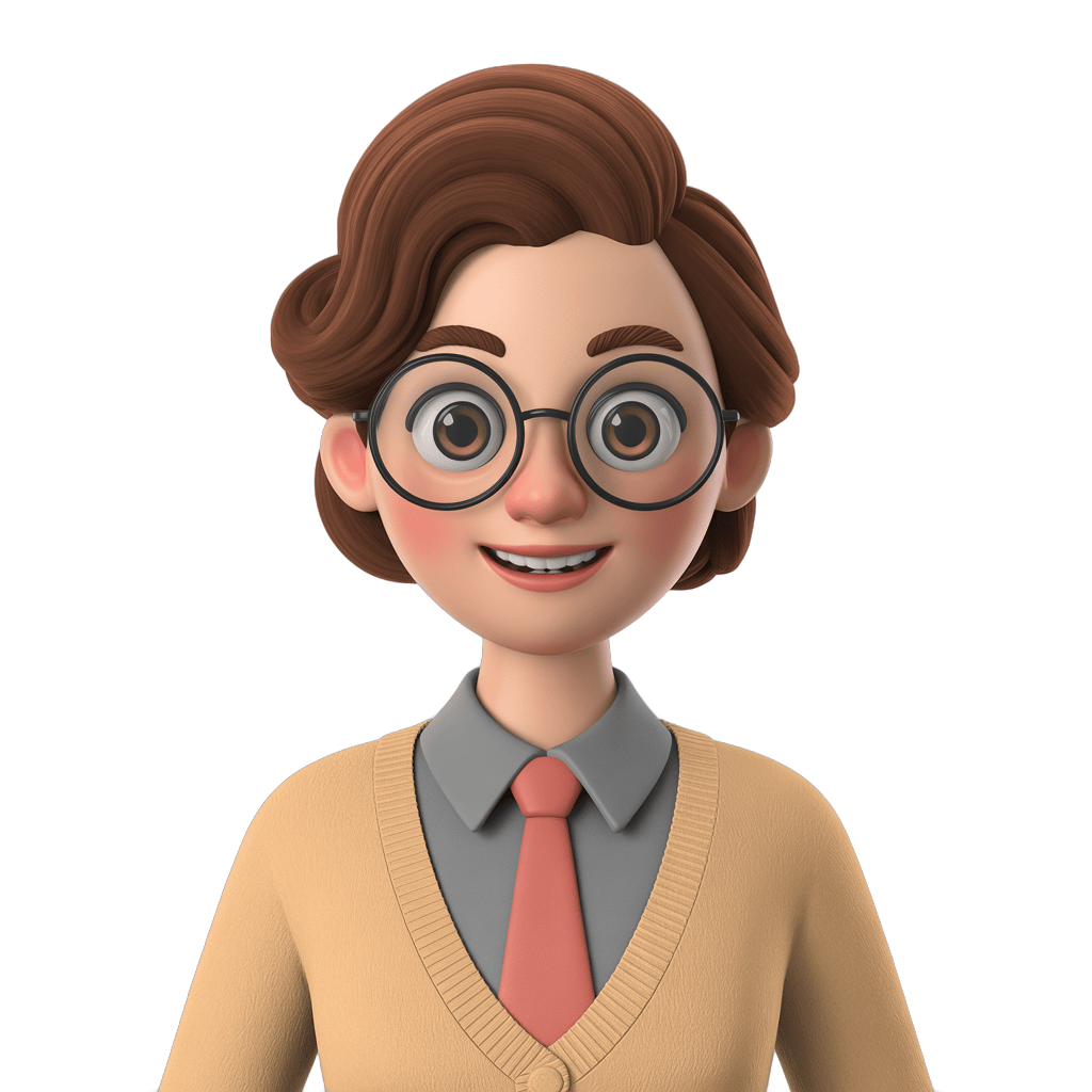 Friendly cartoon woman with glasses smiling in sweater and tie for presentations and educational content PNG - transparent background