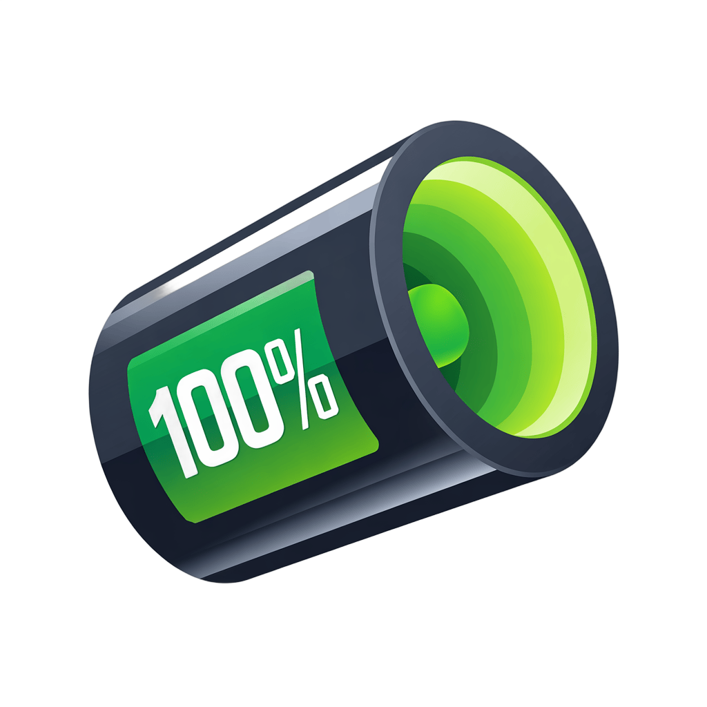 Fully charged battery icon with 100 percent power indicator for digital presentations and app interfaces PNG - transparent background