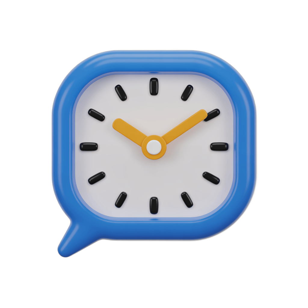 Fun speech bubble shaped clock with yellow hands for presentations and social media graphics PNG - transparent background