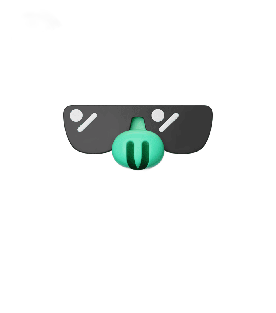 Funny cartoon character wearing futuristic black sunglasses with green alien nose for social media graphics PNG - transparent background