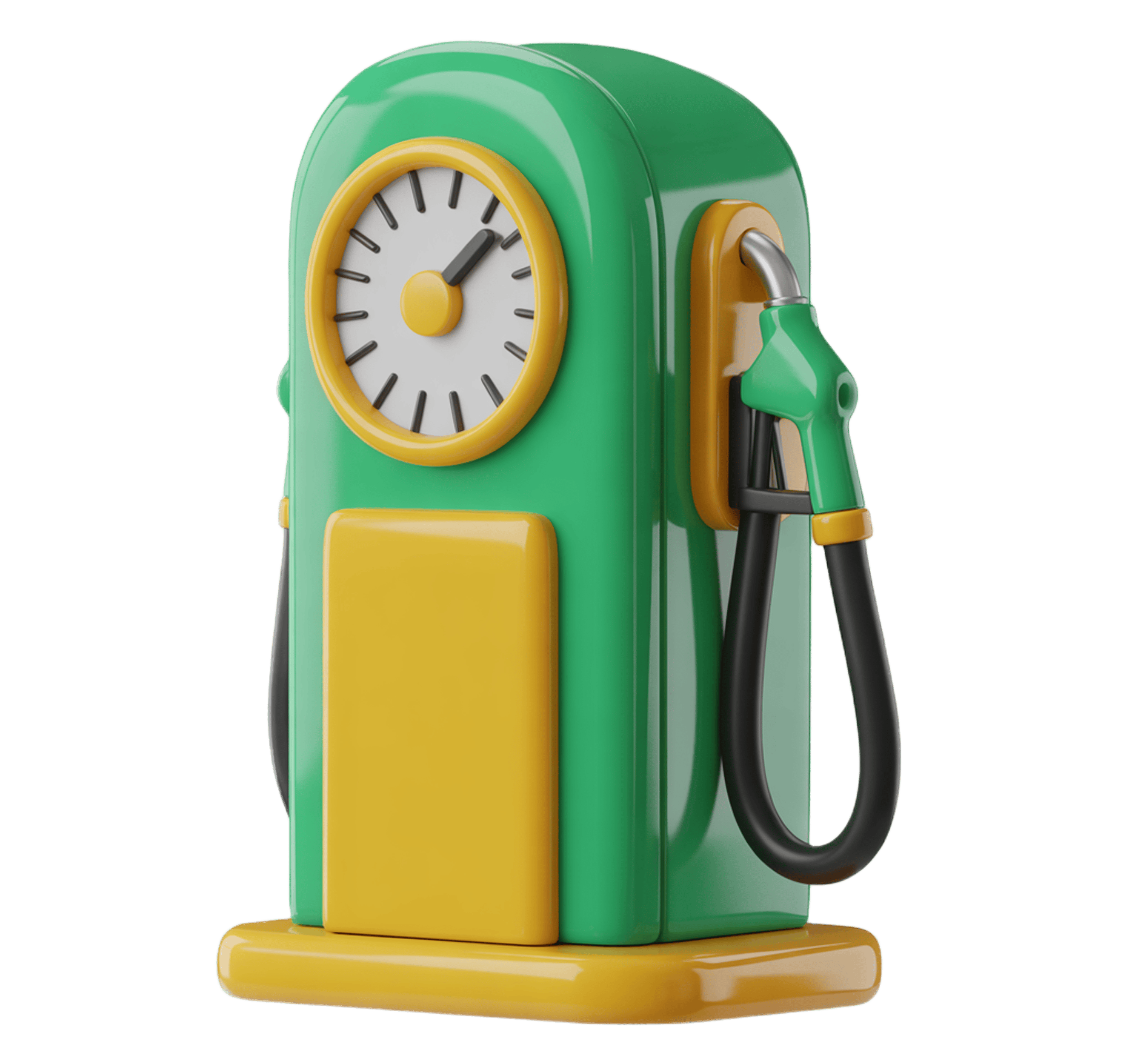 Funny green gas pump clock toy with yellow base and black hose for playful office decor or kids room PNG - transparent background