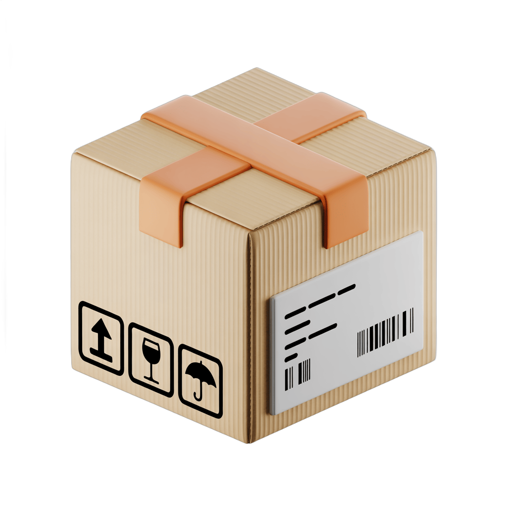 Gift wrapped cardboard box with shipping labels for online order delivery presentation PNG - transparent background