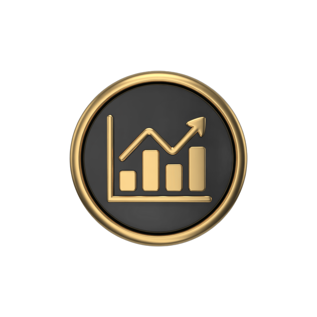 Gold growth chart icon with upward trend bar graph and arrow in circular frame for business presentations PNG - transparent background